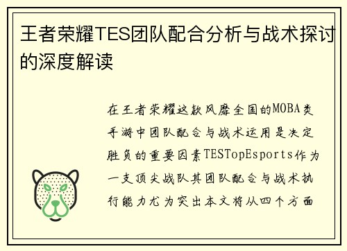 王者荣耀TES团队配合分析与战术探讨的深度解读